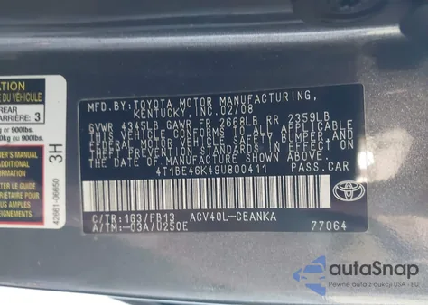 2009 Toyota Camry Le from USA, damaged, VIN 4T1BE46K49U800411